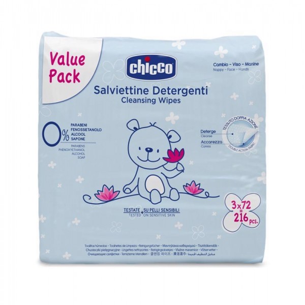 CHICCO CHICCO Detské vlhčené utierky čistiace sensitive s lotosovou vodou, 0% alkoholu, multipack 3x72 ks