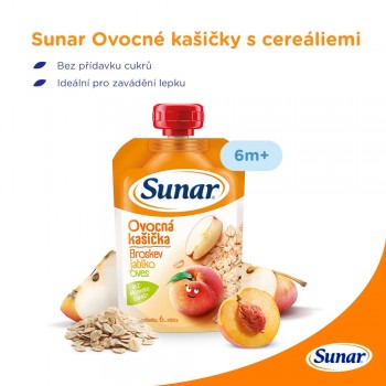 3x SUNAR Kapsička Ovocná kašička broskyňa, jablko, ovsené vločky 120 g