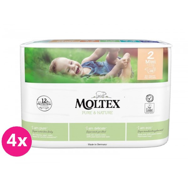 4x MOLTEX Pure & Nature Plienky jednorazové 2 Mini (3-6 kg) 38 ks - ECONOMY PACK