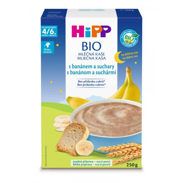 HiPP BIO Kaša mliečna na dobrú noc s banánom a suchármi od uk. 4.-6. mesiaca, 250 g