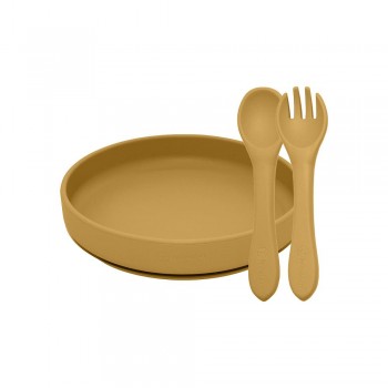 PETITE&MARS Set jedálenský silikónový TAKE&MATCH 2 ks tanier + príbor Intense Ochre 6m+