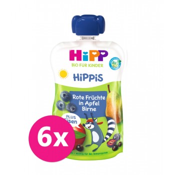 6x HIPP BIO HiPPiS Jablko-Hruška-Červené ovocie + železo 100 g, od 1 roka