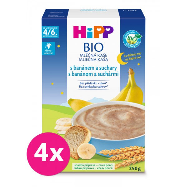 6x HiPP BIO Kaša mliečna na dobrú noc s banánom a suchármi od uk. 4.-6. mesiaca, 250 g