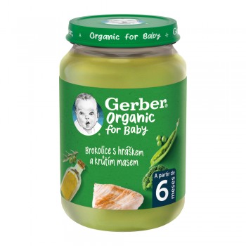 GERBER Organic detský príkrm brokolica s hráškom a morčacím mäsom 190 g