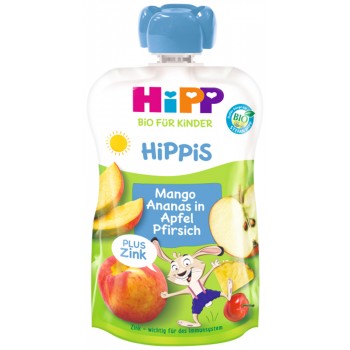 HiPP BIO HiPPis Jablko-Broskyňa-Mango-Ananás + zinok 100 g, od 1 roka