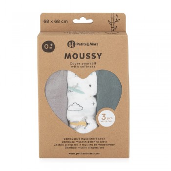 PETITE&MARS Sada plienok bambusová mušelínová 3ks Moussy Grey Planes, 68 x 68 cm