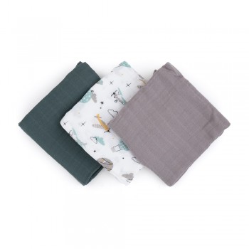 PETITE&MARS Sada plienok bambusová mušelínová 3ks Moussy Grey Planes, 68 x 68 cm