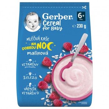 GERBER Kaša mliečna cereal malinová Dobrú noc 230 g