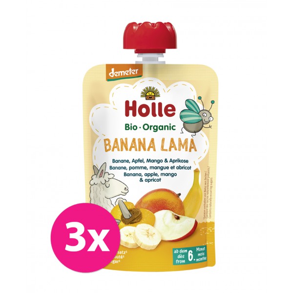 3x HOLLE Banana Lama Bio ovocné pyré banán, jablko, mango, marhuľa, 100 g (6 m+)