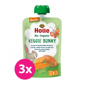 3x HOLLE Veggie Bunny Bio pyré mrkva, sladké zemiaky a hrášok, 100 g (6 m+)