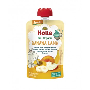 6x HOLLE Banana Lama Bio ovocné pyré banán, jablko, mango, marhuľa, 100 g (6 m+)