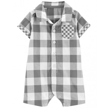 CARTER'S Overal letný krátky rukáv Grey Gingham chlapec NB