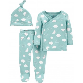 CARTER'S Set 3dielny polodupačky, tričko dl. rukáv zavinovacie, čiapka Blue Clouds neutrál LBB PRE,