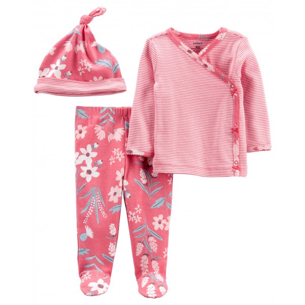 CARTER'S Set 3dielny polodupačky, tričko dl. rukáv zavinovacie, čiapka Pink Flower dievča LBB PRE, v