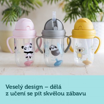 CANPOL BABIES Hrnček netečúci so slamkou so závažím 270 ml 6m+ Exotic Animals ružový