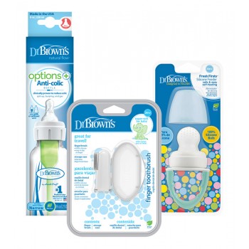 DR.BROWN'S Set fľaša plast 250ml + Cumeľ FreshFirst + Prstová zubná kefka