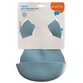 BABYONO Podbradník mäkký plastový s vreckom bez BPA blue 6m+