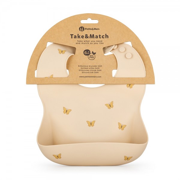 PETITE&MARS Podbradník silikónový Take&Match Sand Butterflies 6m+