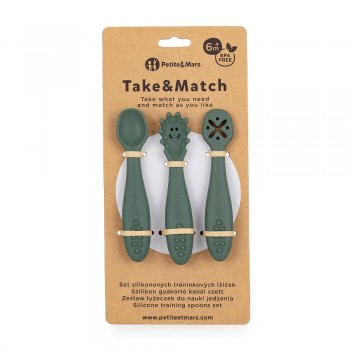 PETITE&MARS Set 3 ks silikónových tréningových lyžičiek Take&Match Misty Green 6m+