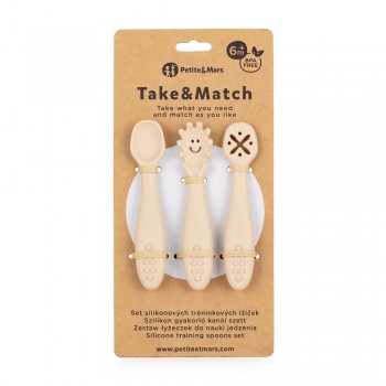 PETITE&MARS Set 3 ks silikónových tréningových lyžičiek Take&Match Desert Sand 6m+