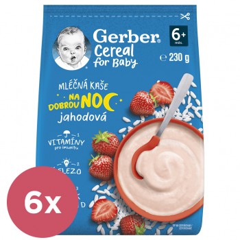 6x GERBER Kaša mliečna cereal jahodová Dobrú noc 230 g