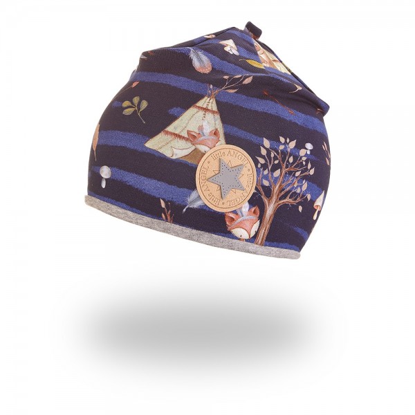 LITTLE ANGEL Čiapka podšitá Outlast® 3 | 42-44 cm tm.modrá zvieratká teepee/šedý melír