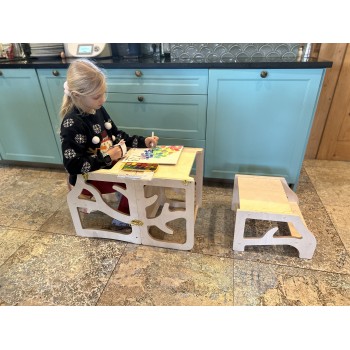 Učiaca veža, písací stolík, stolička, schodík, tabuľa 5v1 montessori borovica