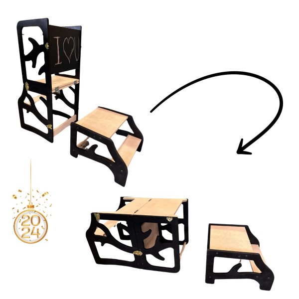 Učiaca veža, písací stolík, stolička, schodík, tabuľa 5v1 montessori čierna