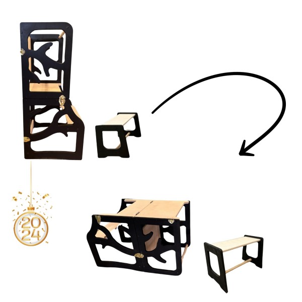Učiaca veža, písací stolík, stolička, tabuľa 4v1 montessori čierna