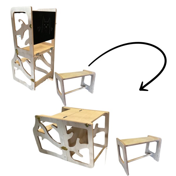 Učiaca veža, písací stolík, stolička, tabuľa 4v1 montessori borovica