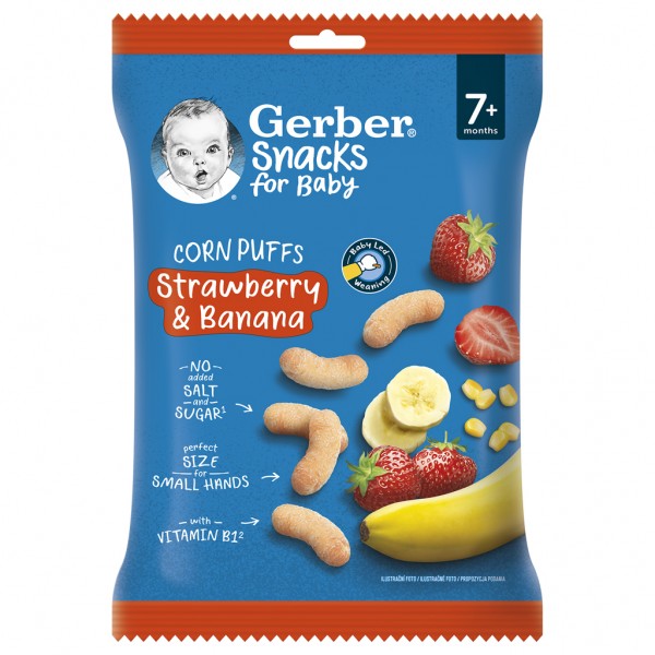 GERBER Snacks kukuričné chrumky jahoda a banán 28 g, 7+