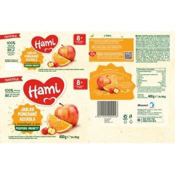 6x HAMI Príkrm ovocný 100% ovocie jablko pomaranč acerola 400g