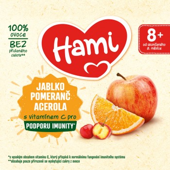 6x HAMI Príkrm ovocný 100% ovocie jablko pomaranč acerola 400g