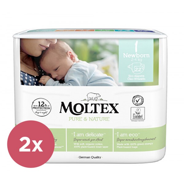 2x MOLTEX Pure&Nature Plienky jednorázové Newborn (2-4 kg) 22 ks