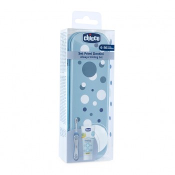 CHICCO Set zubná kefka a pasta v puzdre Always smiling - light blue, 6m+