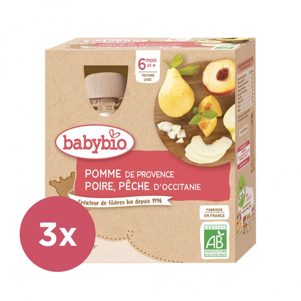 3x BABYBIO Kapsička jablko, hruška, broskyňa 4x 90 g