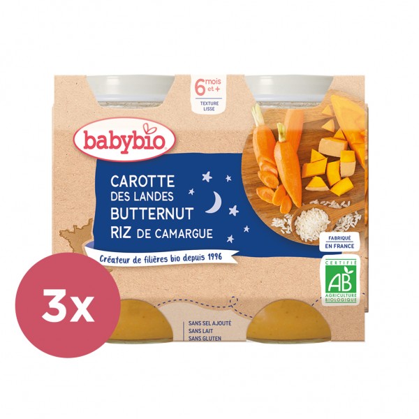 3x BABYBIO Večerné menu mrkva, tekvica, ryža 2x 200 g