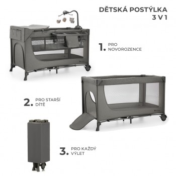 KINDERKRAFT Postieľka cestovná Joy 2 s doplňky Dark grey