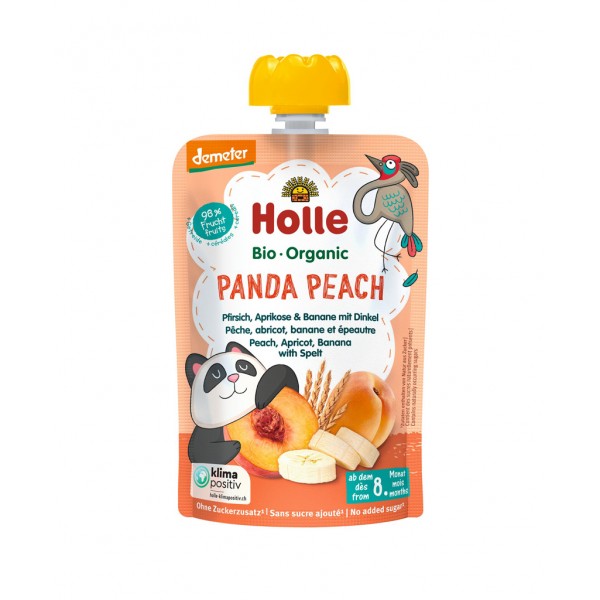 HOLLE Bio Kapsička Panda Peach broskyňa, marhuľa, banán, špalda 100 g (8m+)