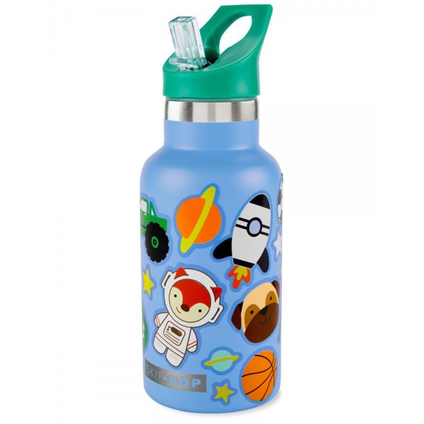 SKIP HOP Fľaša s nálepkami so slamkovým náustkom nerezová modrá 380 ml, 4r+