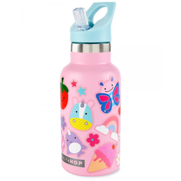 SKIP HOP Fľaša s nálepkami so slamkovým náustkom nerezová ružová 380 ml, 4r+