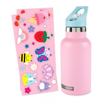 SKIP HOP Fľaša s nálepkami so slamkovým náustkom nerezová ružová 380 ml, 4r+