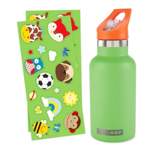 SKIP HOP Fľaša s nálepkami so slamkovým náustkom nerezová zelená 380 ml, 4r+