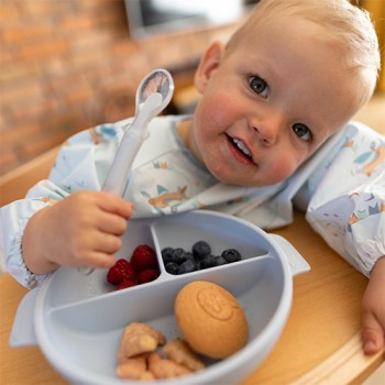 BABYONO Tanier silikónový s prísavkou a viečkom modrý 6m+