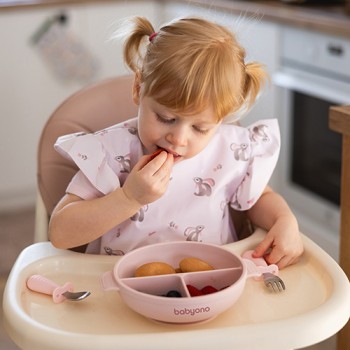 BABYONO Tanier silikónový s prísavkou a viečkom ružový 6m+