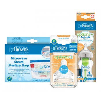 DR.BROWN’S Fľaša dojčenská sklo 270ml+Cumlíky na fľašu level-2 2ks+Vrecká na sterilizáciu fliaš 5ks