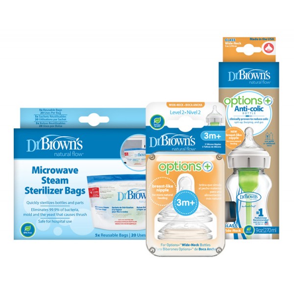 DR.BROWN’S Fľaša dojčenská sklo 270ml+Cumlíky na fľašu level-2 2ks+Vrecká na sterilizáciu fliaš 5ks
