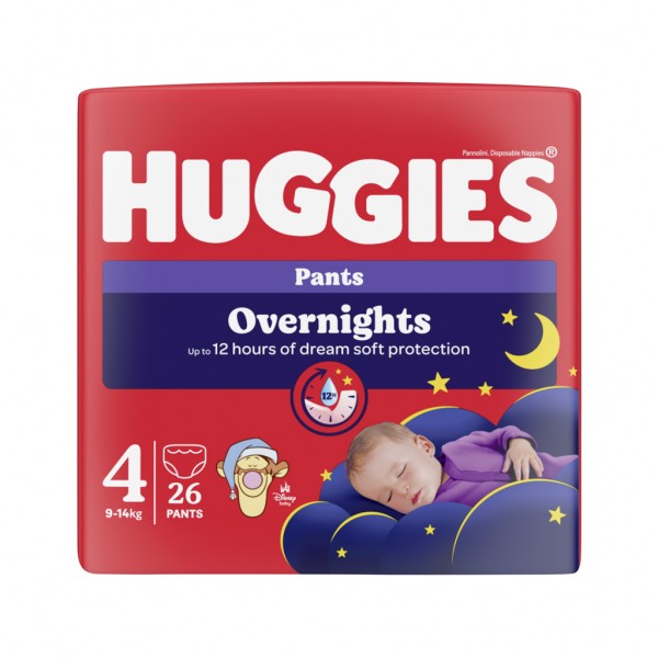 HUGGIES® Nohavičky plienkové nočné Overnights Pants vel. 4 (9-14 kg), 26 ks