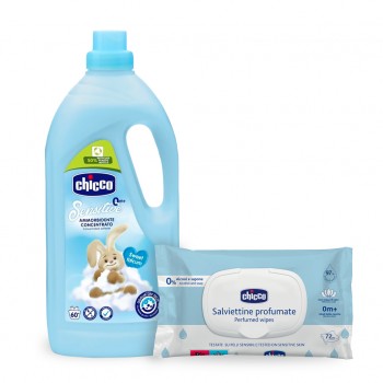 CHICCO Aviváž koncentrovaná Sladký Púder 1,5 l, 60 pranie + vlhčené obrúsky 72 ks zadarmo