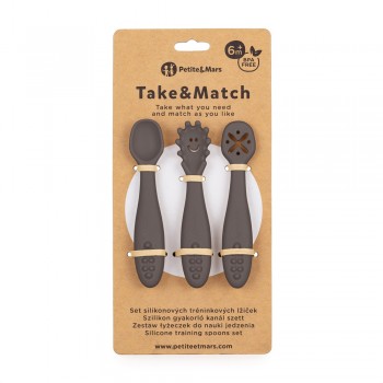 PETITE&MARS Set 3 ks silikónových tréningových lyžičiek Take&Match Bitter Cocoa 6m+
